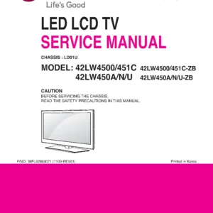 Lg 42lw450u service manual cover with photo's of Beko dryers, model code and contents