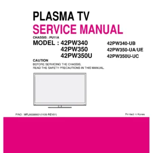 Lg 42pw350u uc service manual cover with photo's of Beko dryers, model code and contents