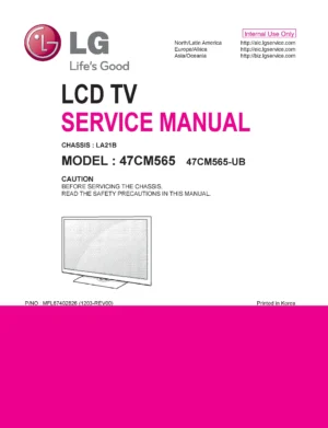 Lg 47cm565 service manual cover with photo's of Beko dryers, model code and contents