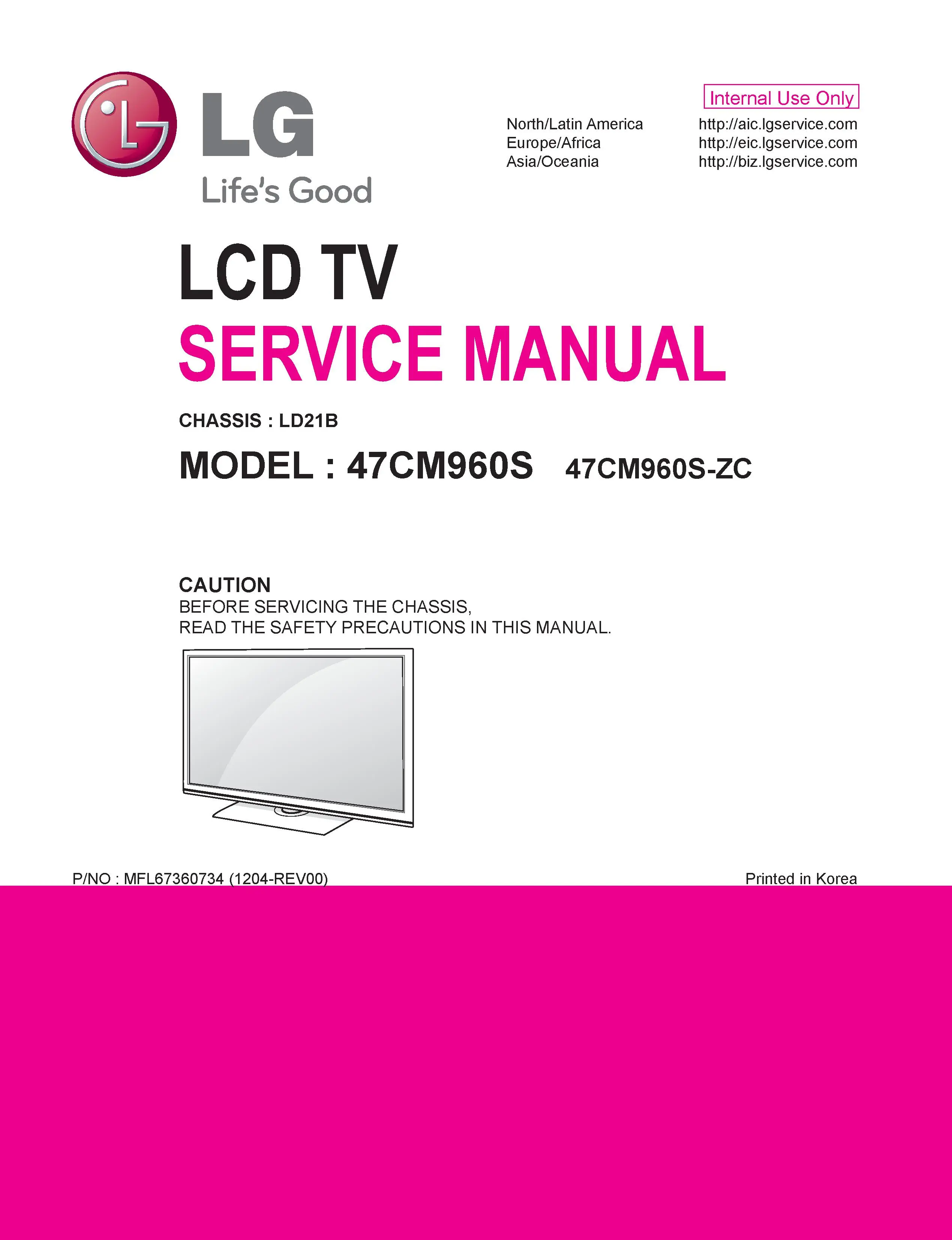 Lg 47cm960 service manual cover with photo's of Beko dryers, model code and contents