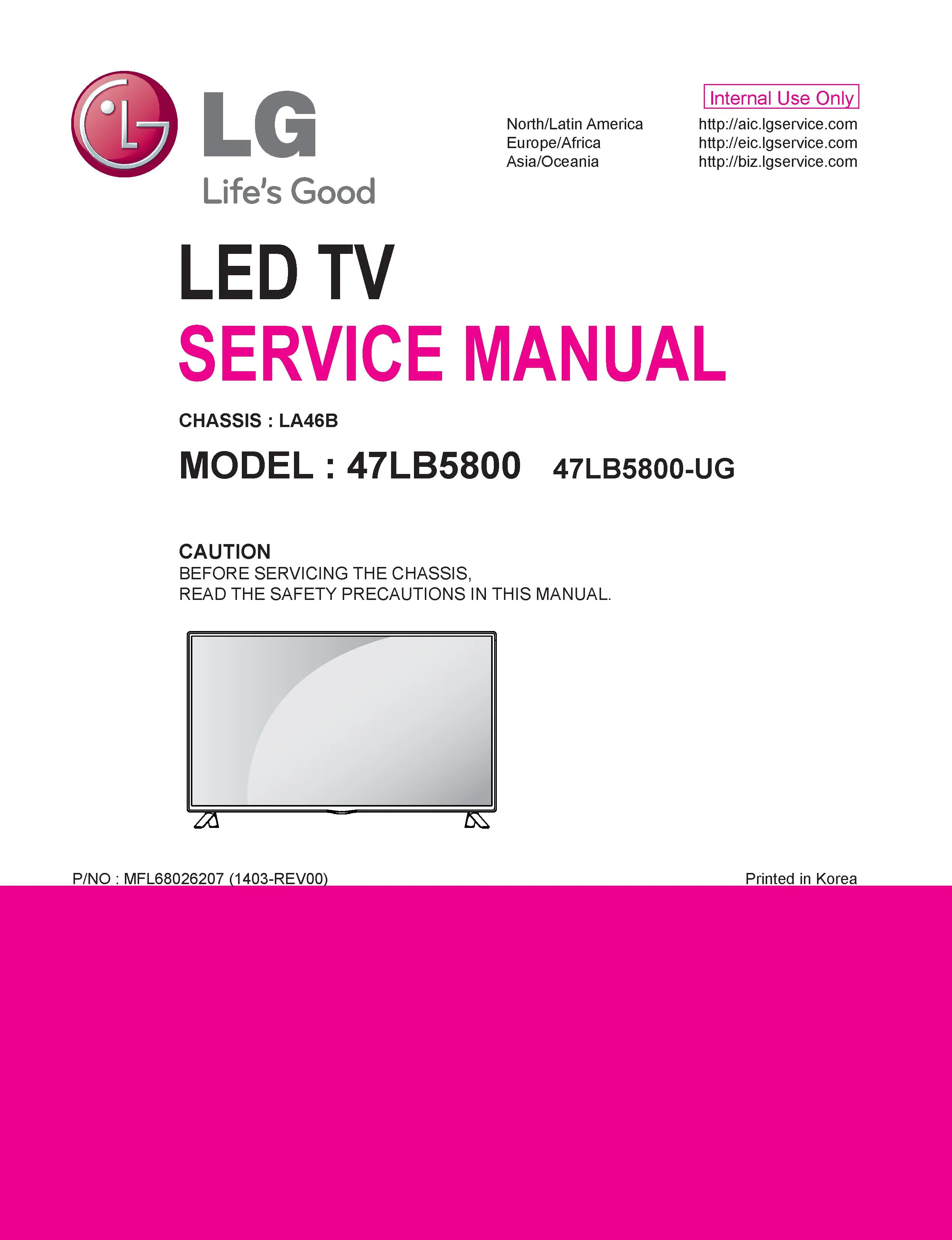 Lg 47lb5800 ug service manual cover with photo's of Beko dryers, model code and contents