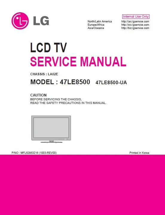 Lg 47le8500 47le8500 ua service manual cover with photo's of Beko dryers, model code and contents