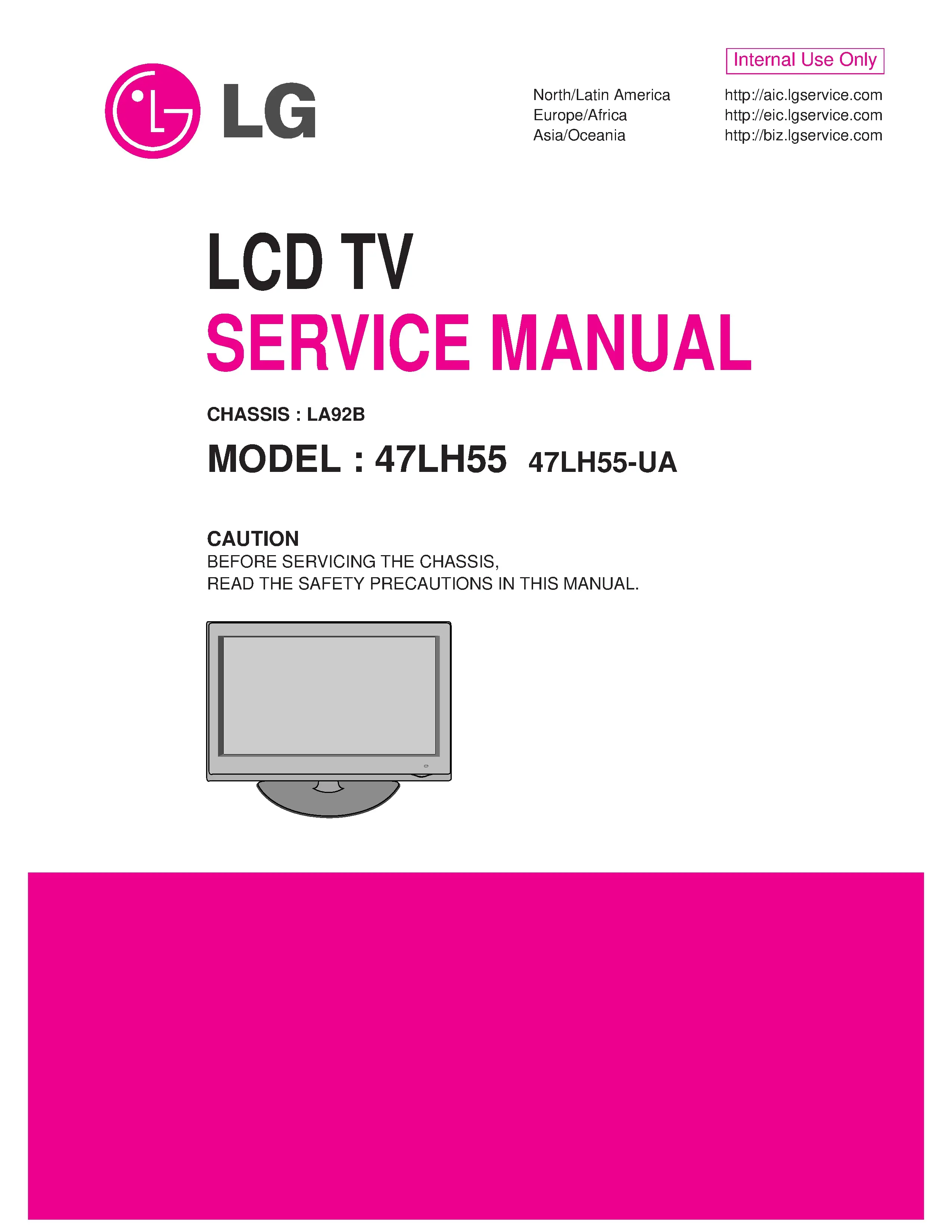 Lg 47lh55 la92b service manual cover with photo's of Beko dryers, model code and contents