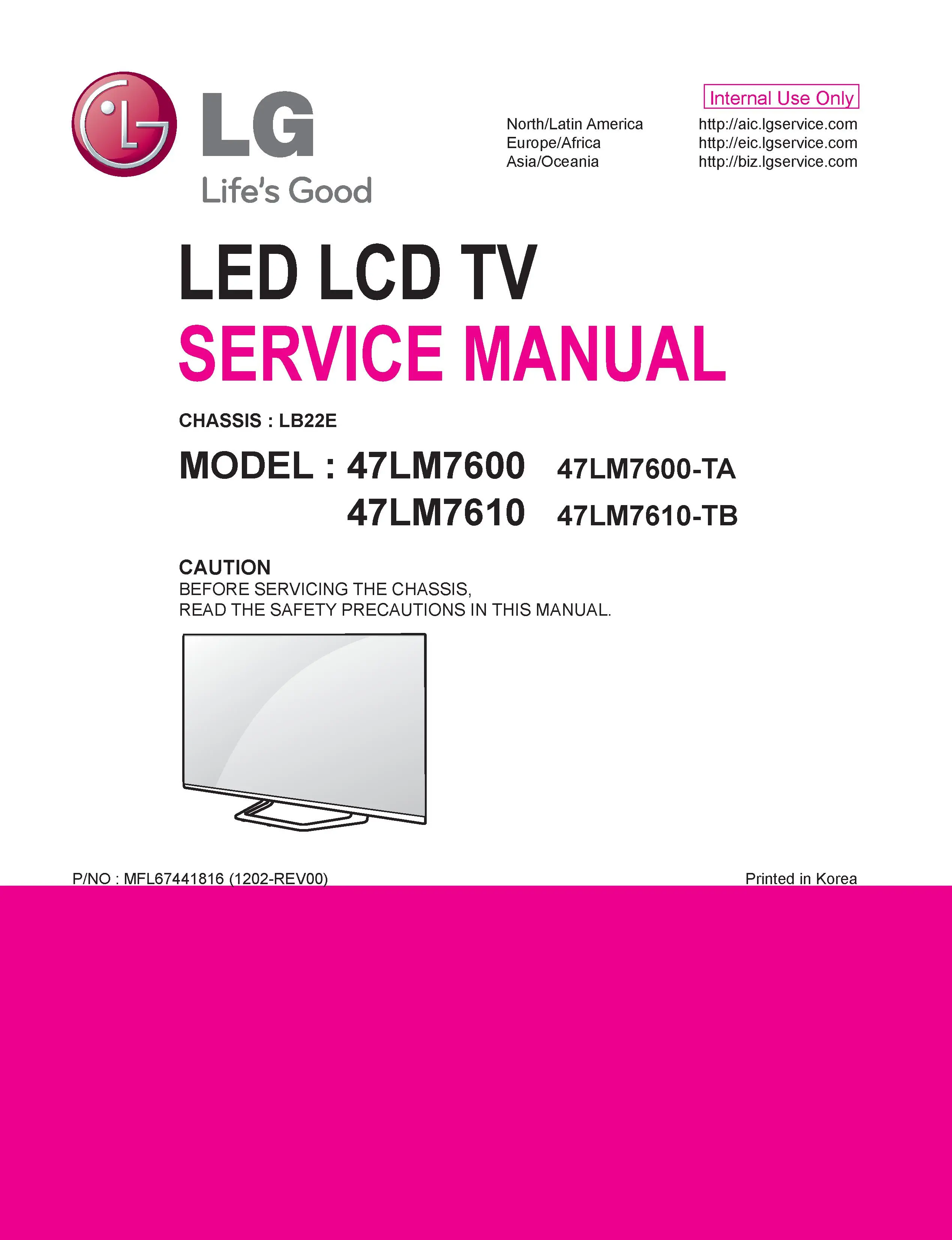 Lg 47lm7600 ta service manual cover with photo's of Beko dryers, model code and contents