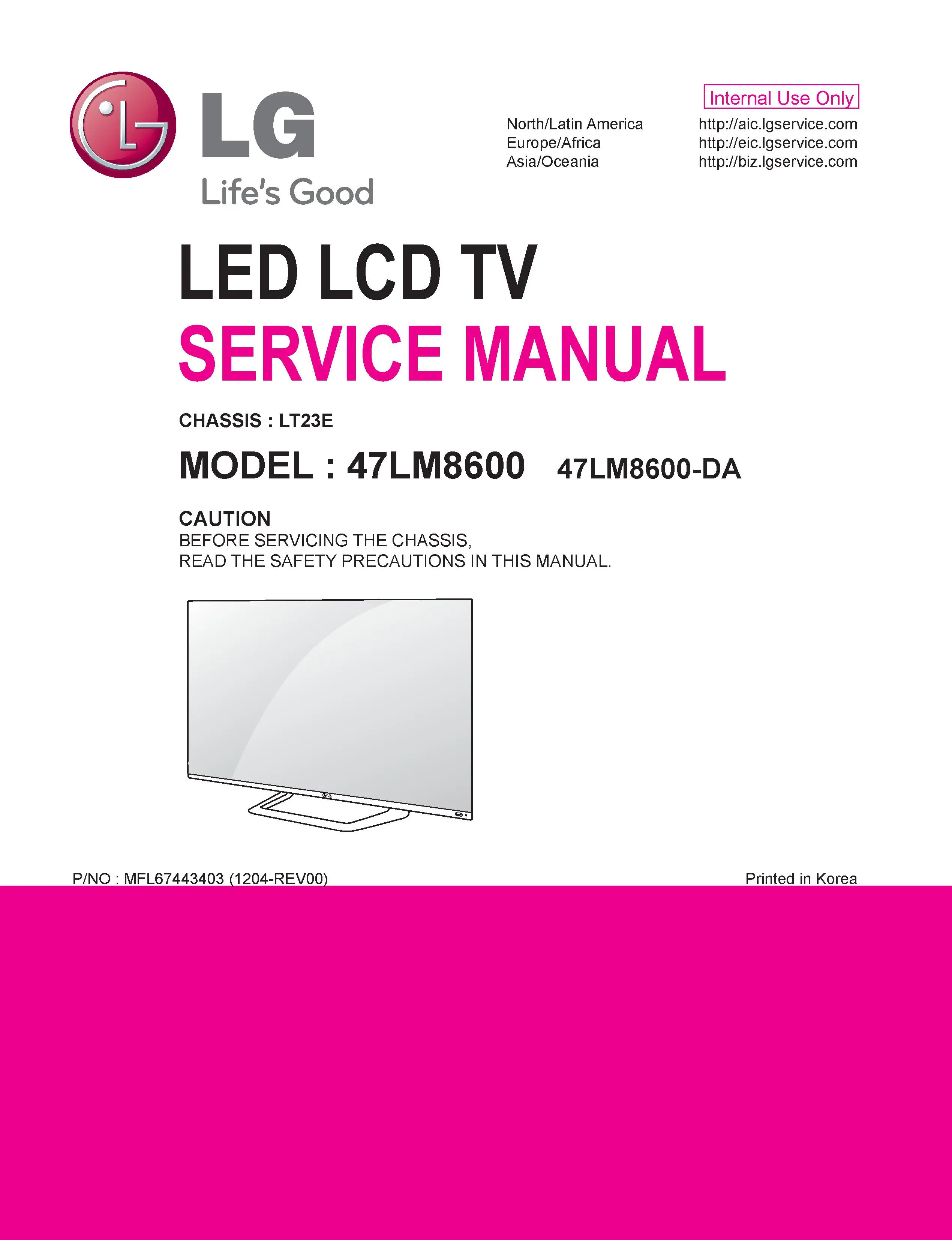 Lg 47lm8600 da service manual cover with photo's of Beko dryers, model code and contents