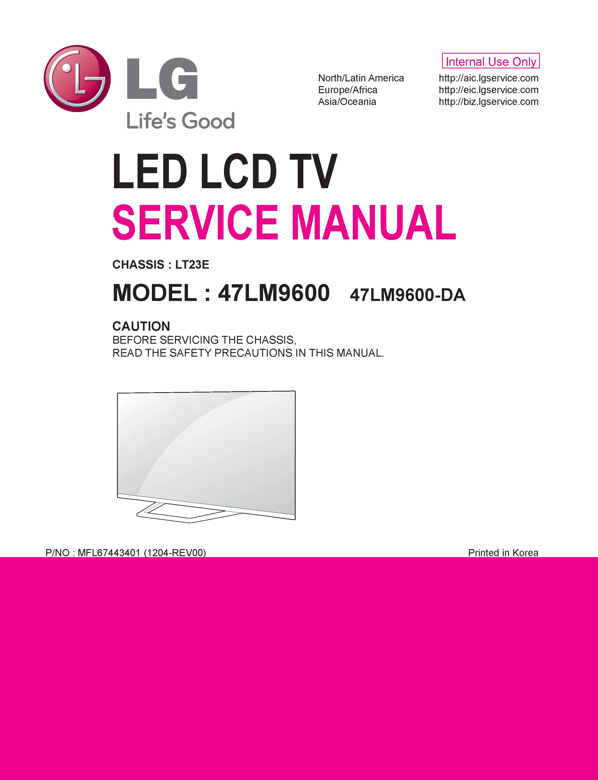 Lg 47lm9600 da service manual cover with photo's of Beko dryers, model code and contents