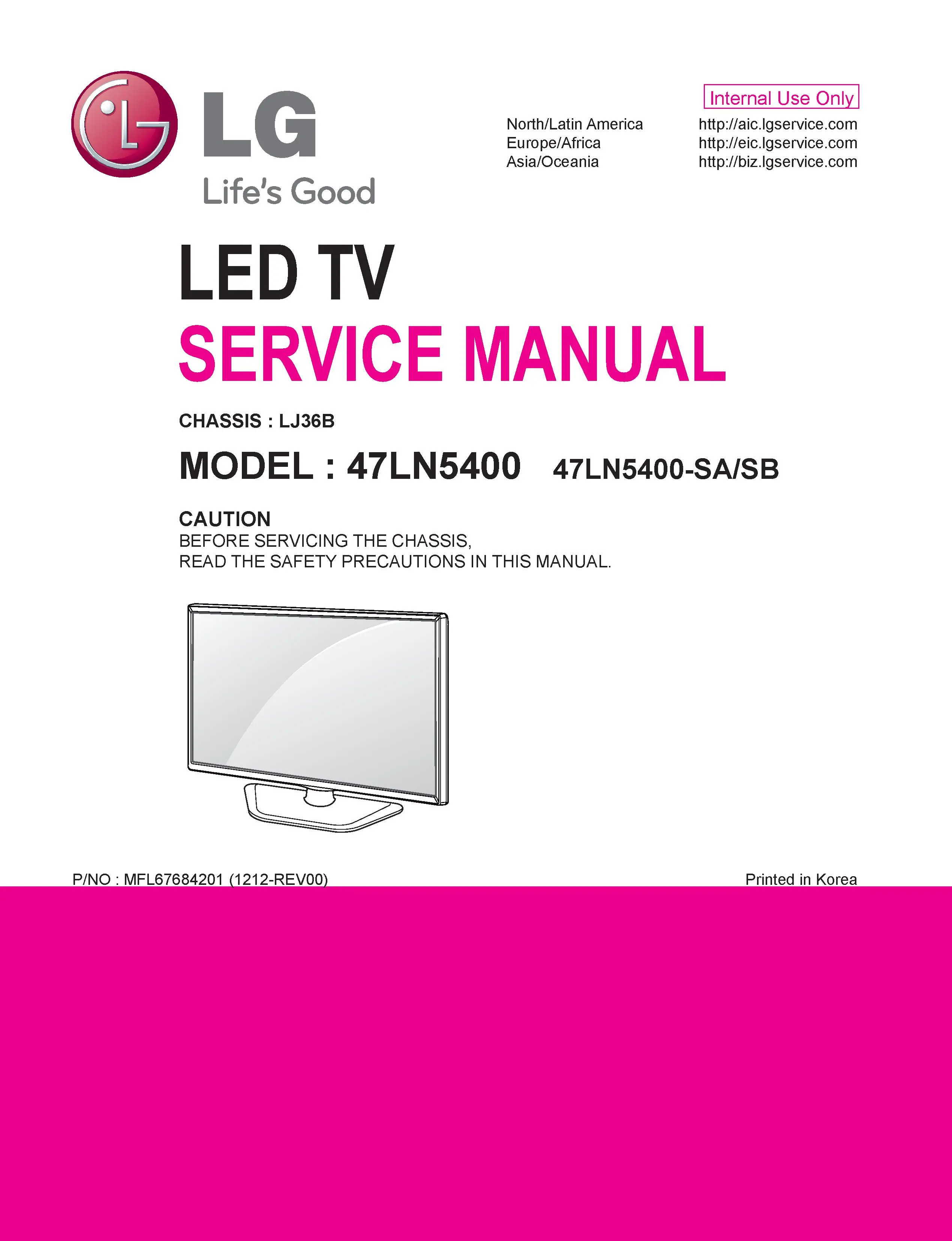 Lg 47ln5400 sa service manual cover with photo's of Beko dryers, model code and contents
