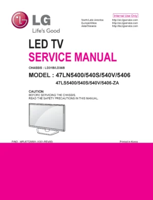Lg 47ln5404 service manual cover with photo's of Beko dryers, model code and contents