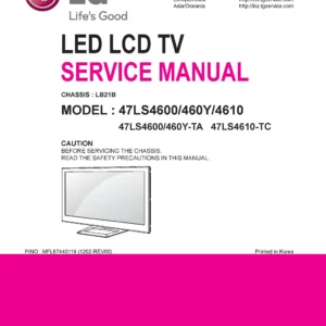 Lg 47ls4600 ta service manual cover with photo's of Beko dryers, model code and contents