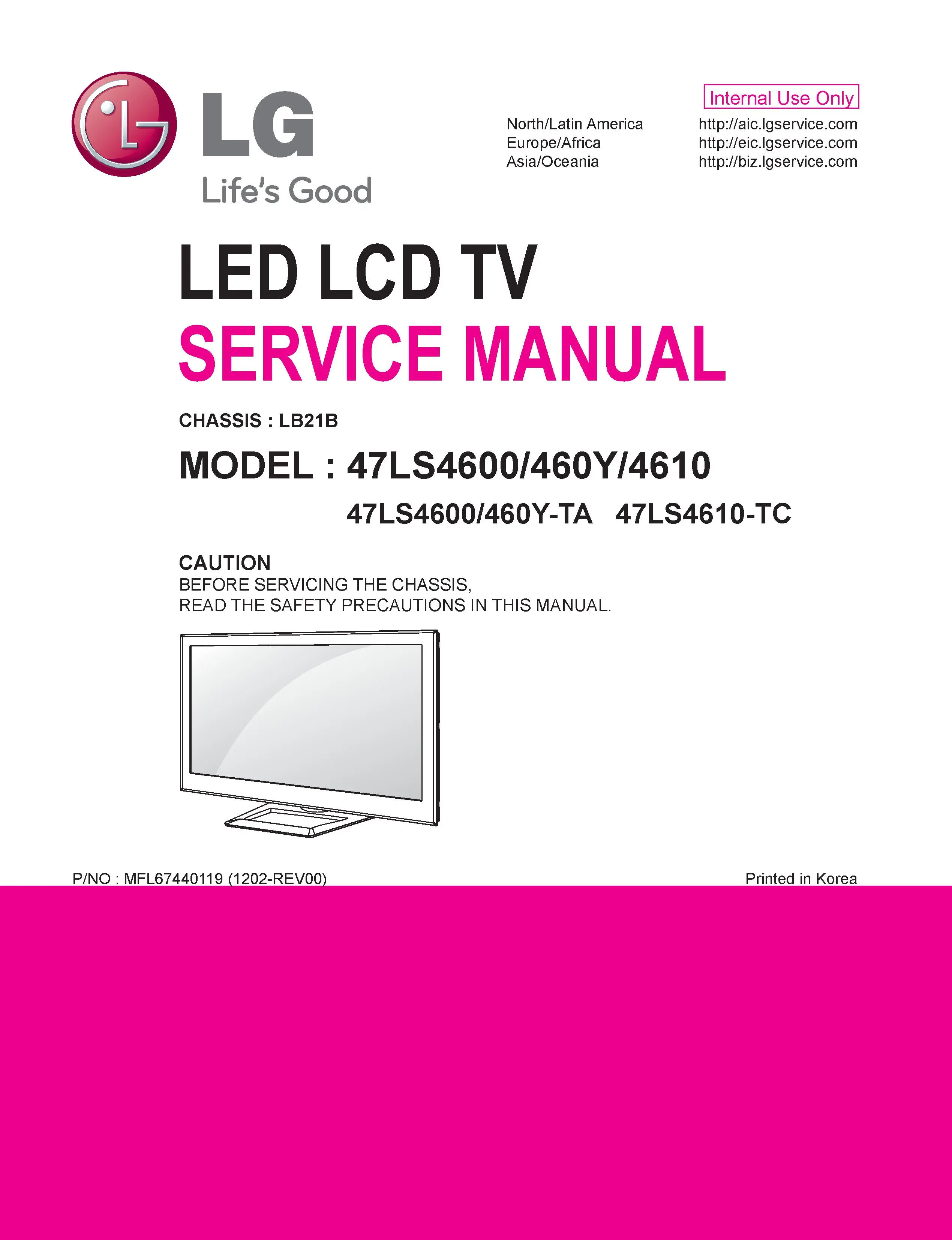Lg 47ls4600 ta service manual cover with photo's of Beko dryers, model code and contents