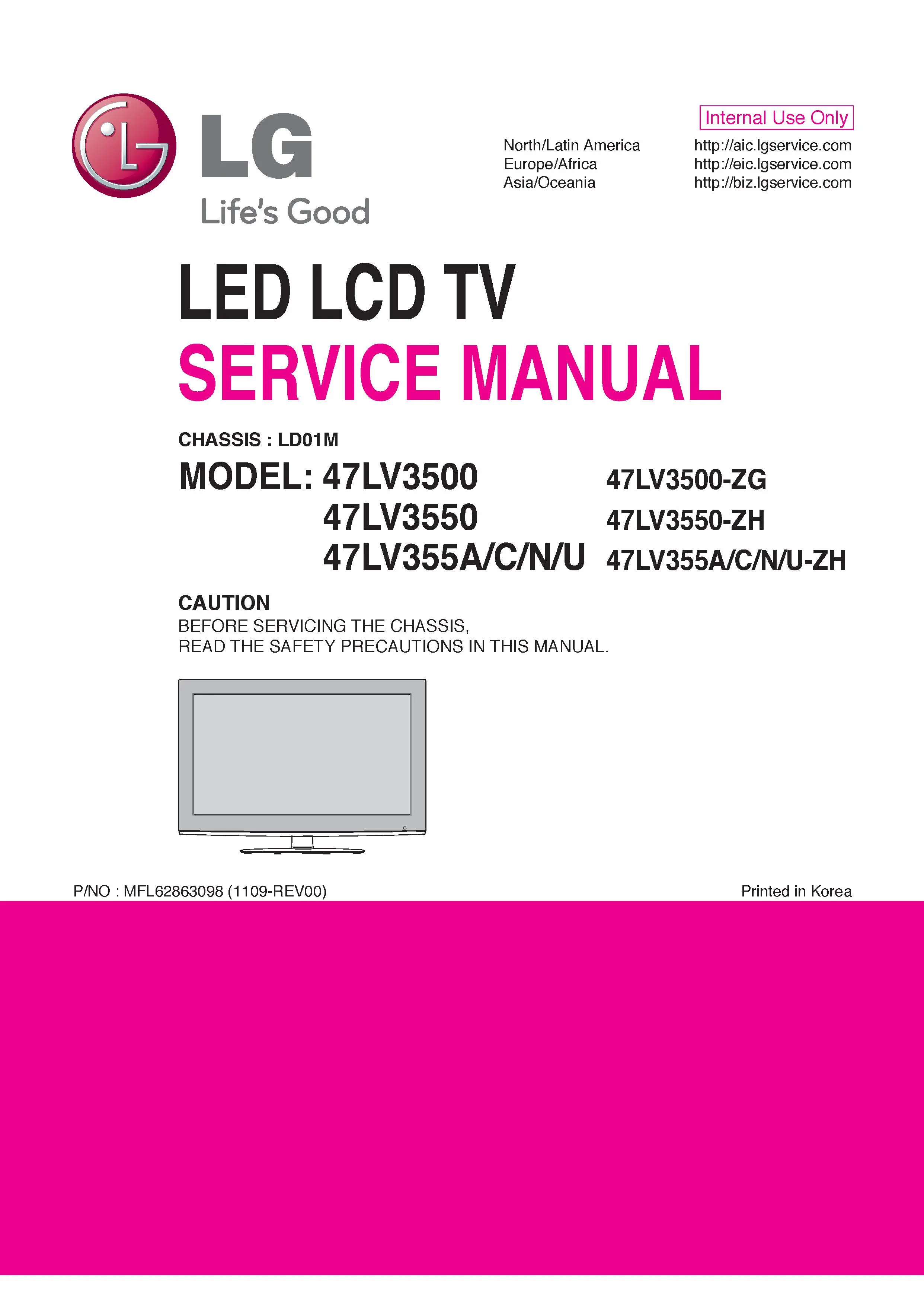 Lg 47lv355u zh service manual cover with photo's of Beko dryers, model code and contents