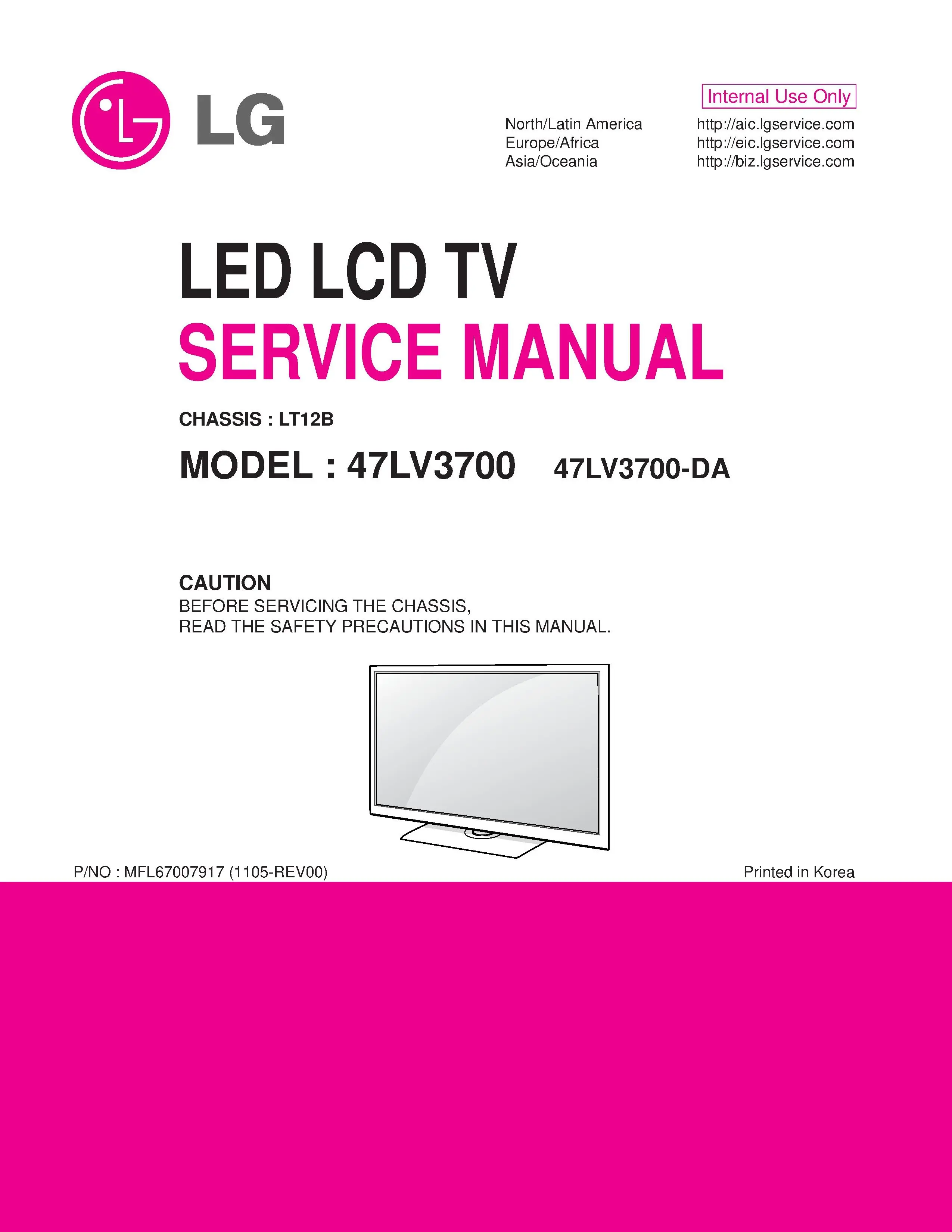 Lg 47lv3700 da service manual cover with photo's of Beko dryers, model code and contents