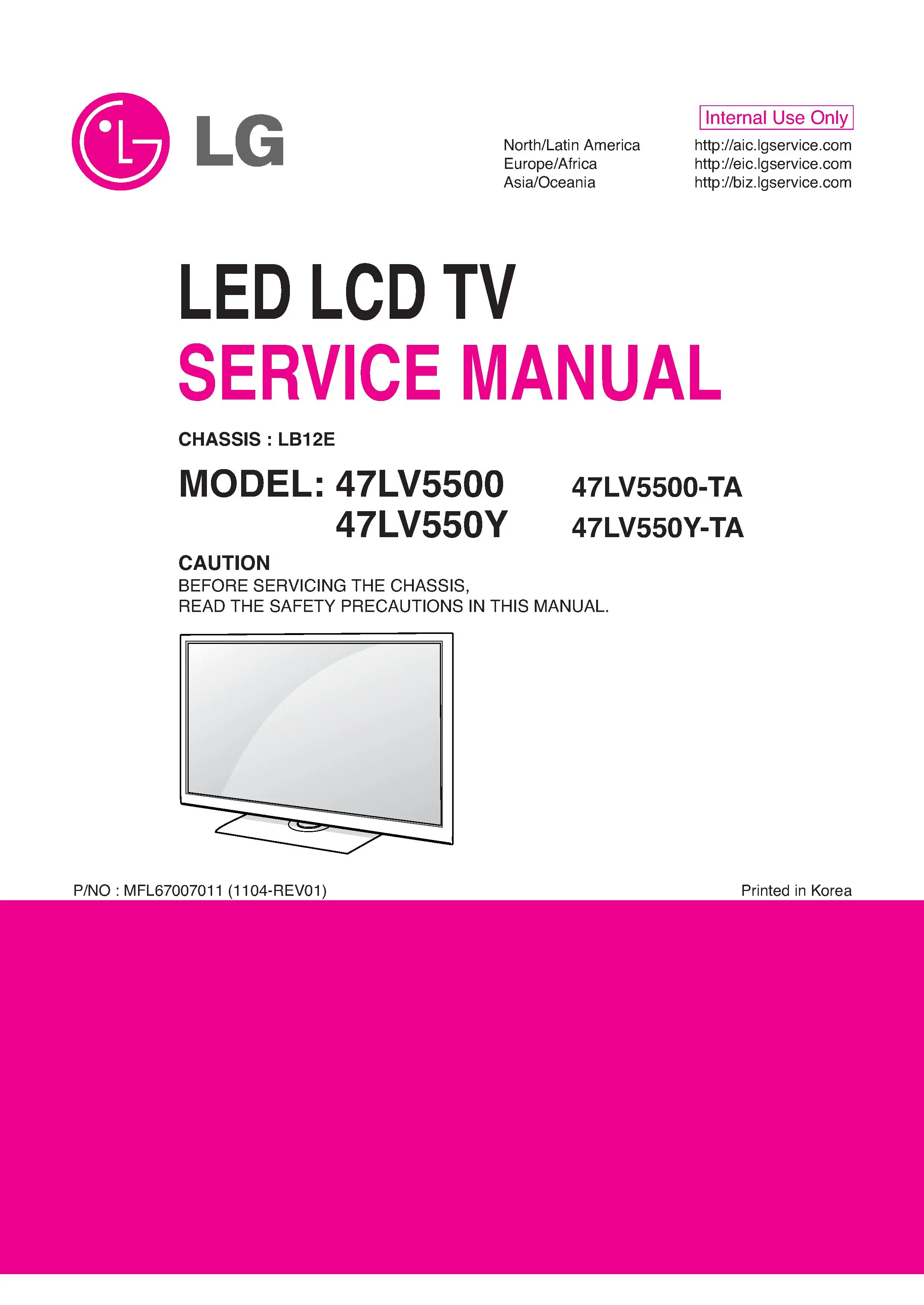 Lg 47lv5500 ta service manual cover with photo's of Beko dryers, model code and contents