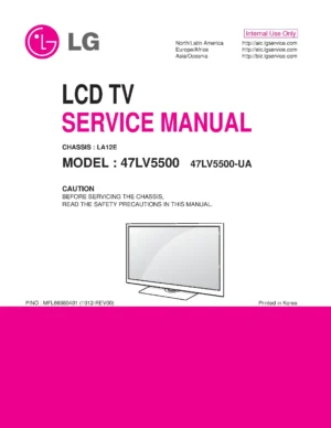 Lg 47lv5500 ua service manual cover with photo's of Beko dryers, model code and contents