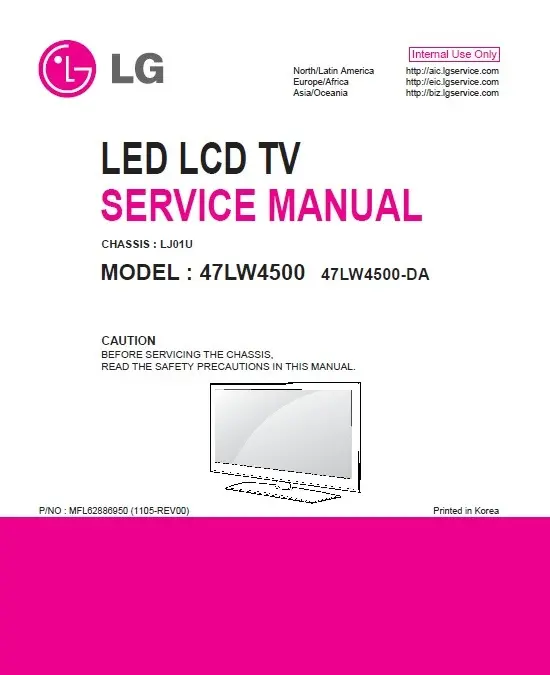 Lg 47lw4500 da service manual cover with photo's of Beko dryers, model code and contents