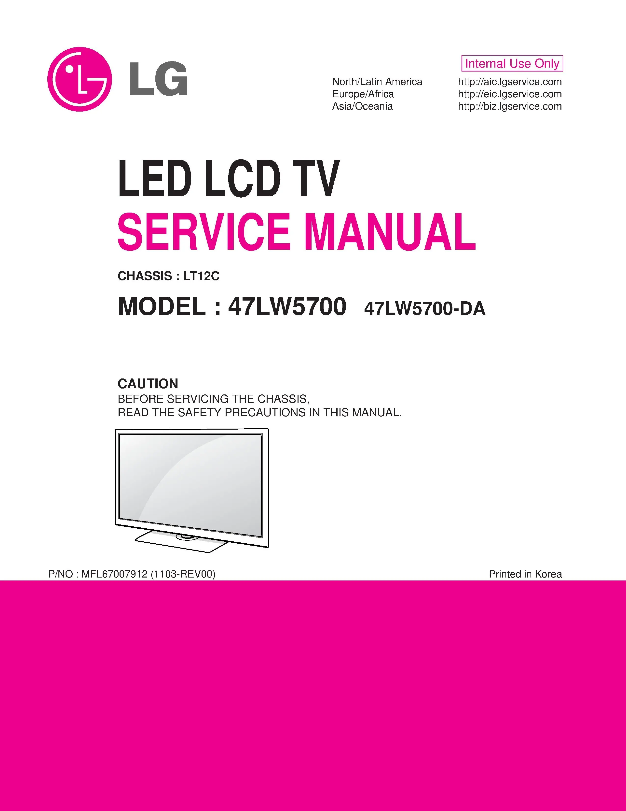 Lg 47lw5700 da service manual cover with photo's of Beko dryers, model code and contents