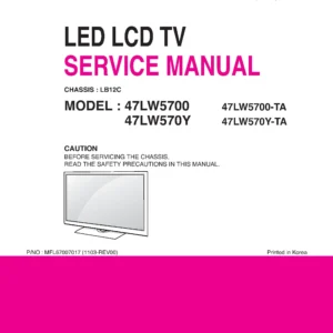 Lg 47lw5700 ta service manual cover with photo's of Beko dryers, model code and contents