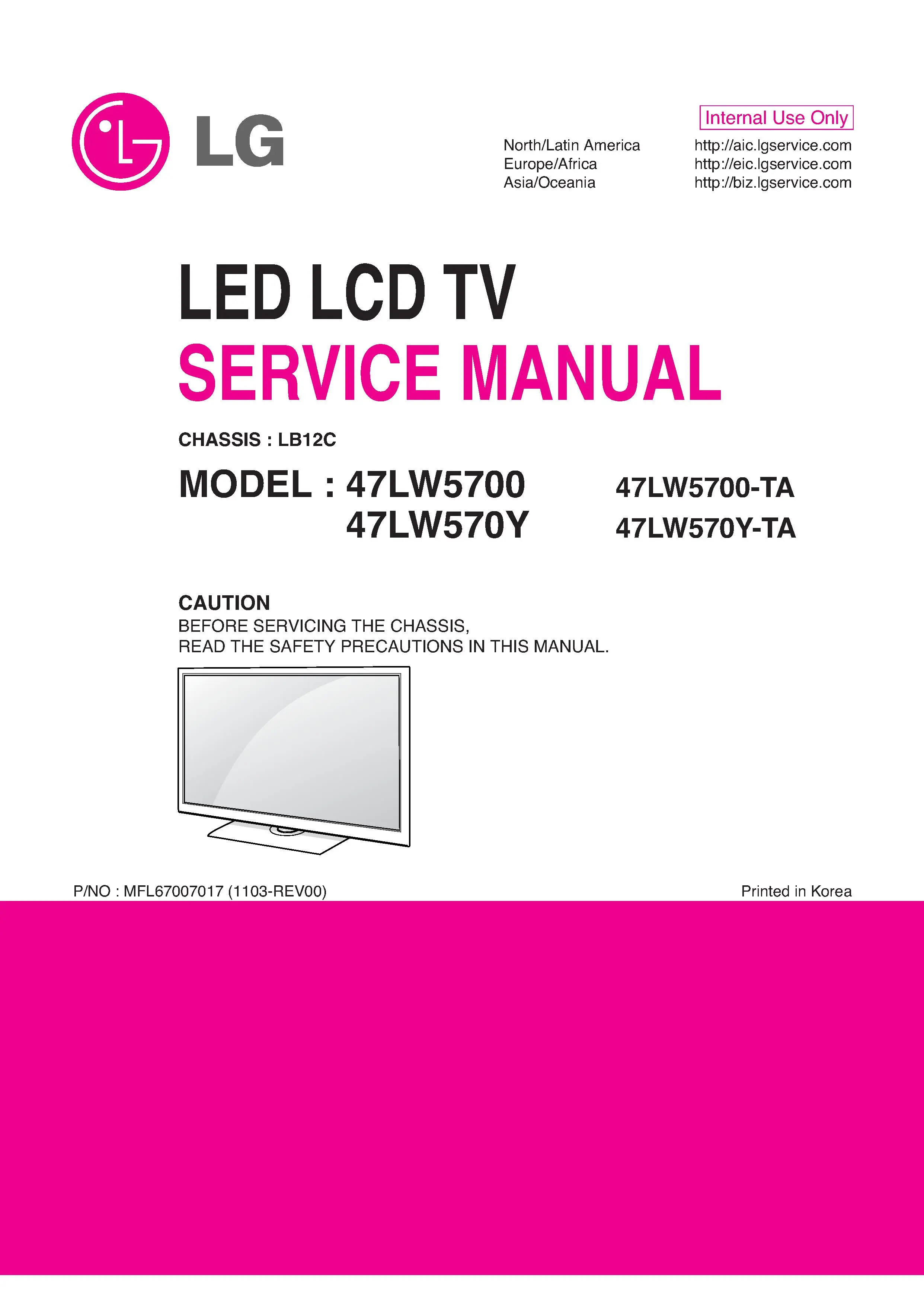 Lg 47lw5700 ta service manual cover with photo's of Beko dryers, model code and contents