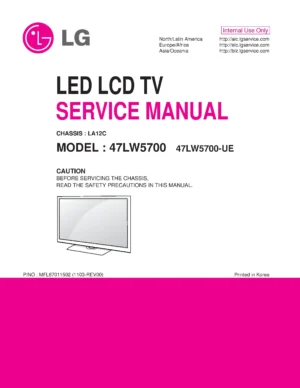 Lg 47lw5700 ue service manual cover with photo's of Beko dryers, model code and contents