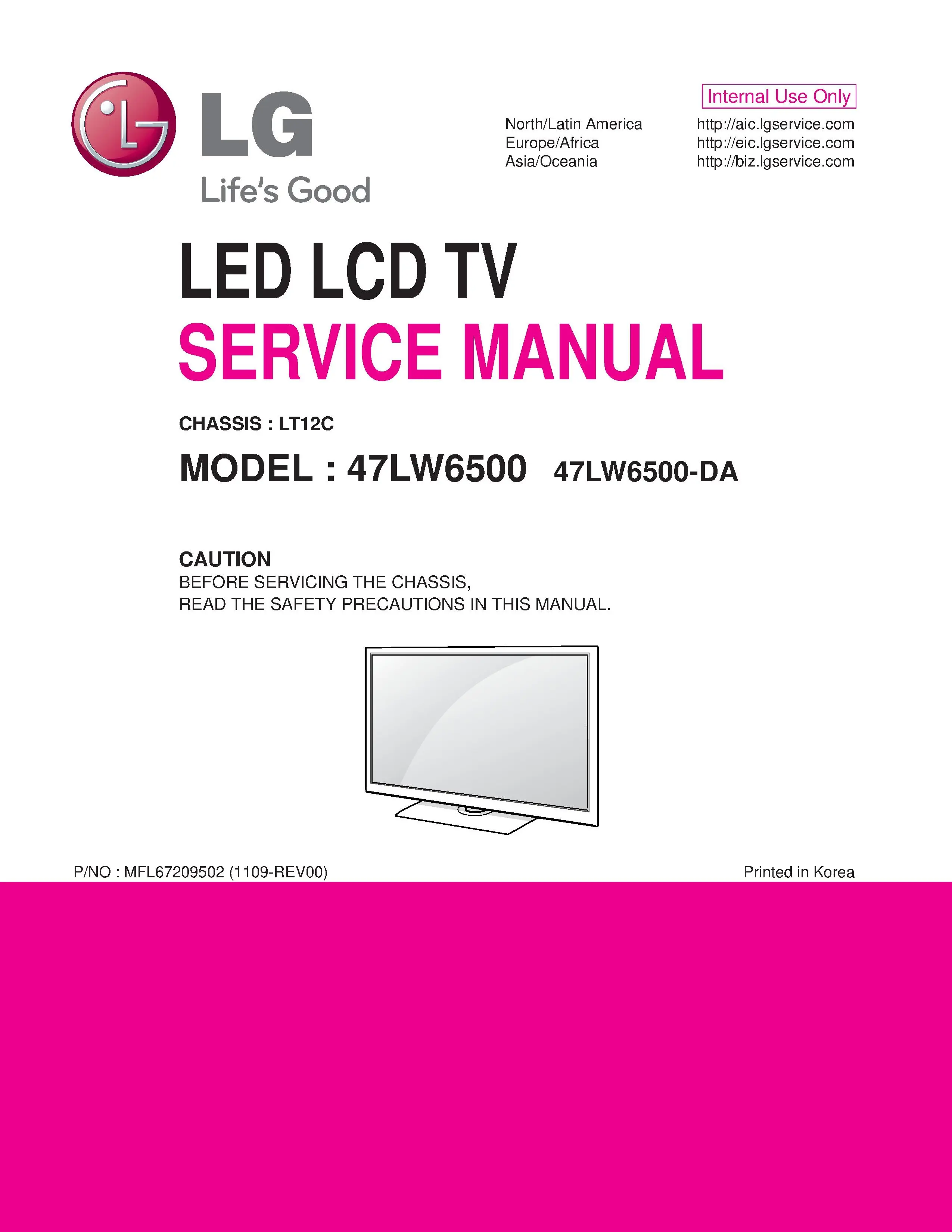 Lg 47lw6500 da service manual cover with photo's of Beko dryers, model code and contents