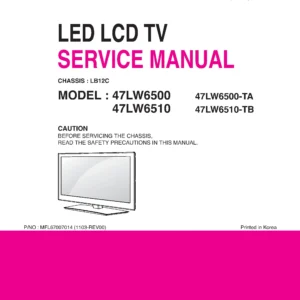 Lg 47lw6500 ta service manual cover with photo's of Beko dryers, model code and contents