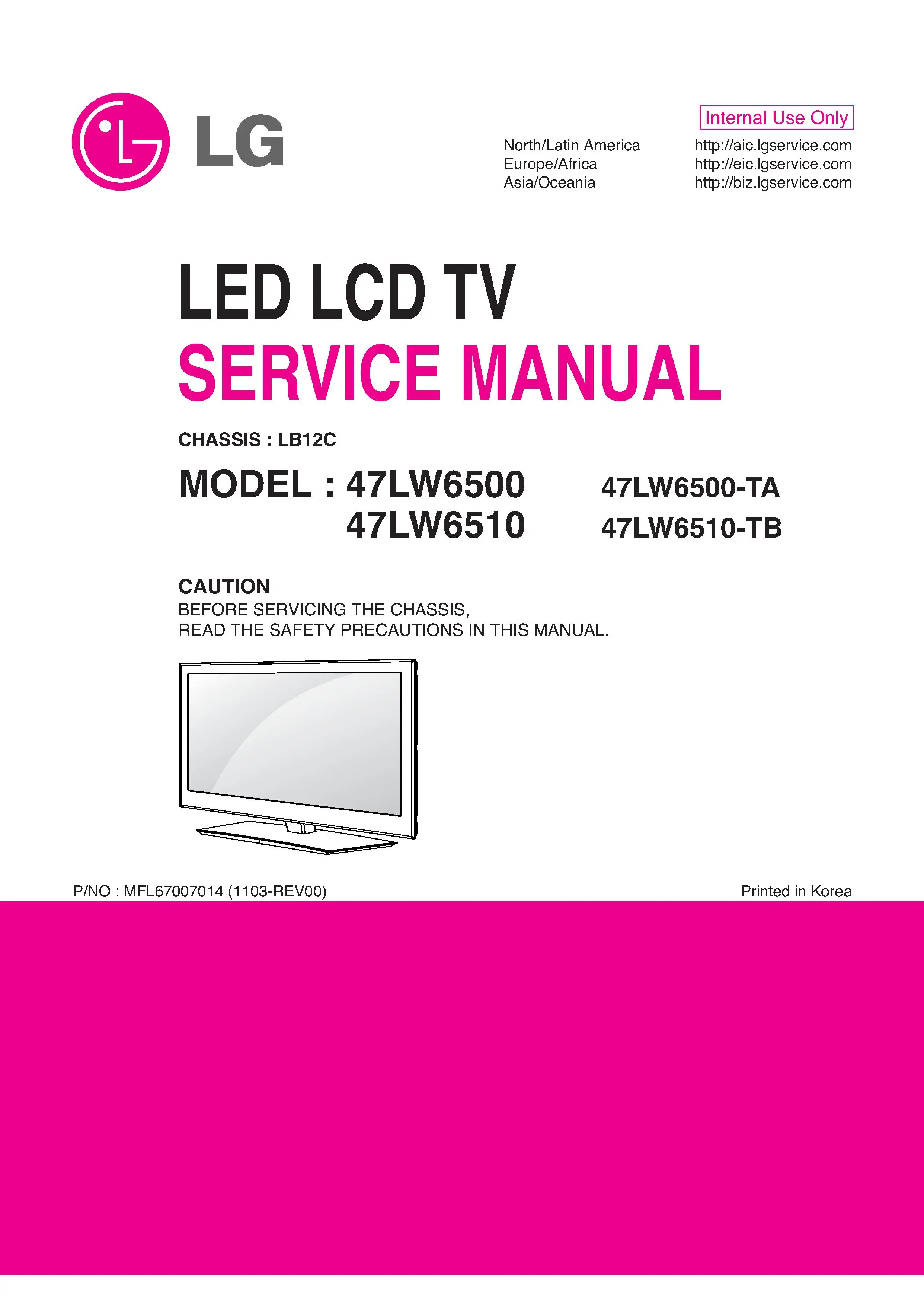 Lg 47lw6500 ta service manual cover with photo's of Beko dryers, model code and contents
