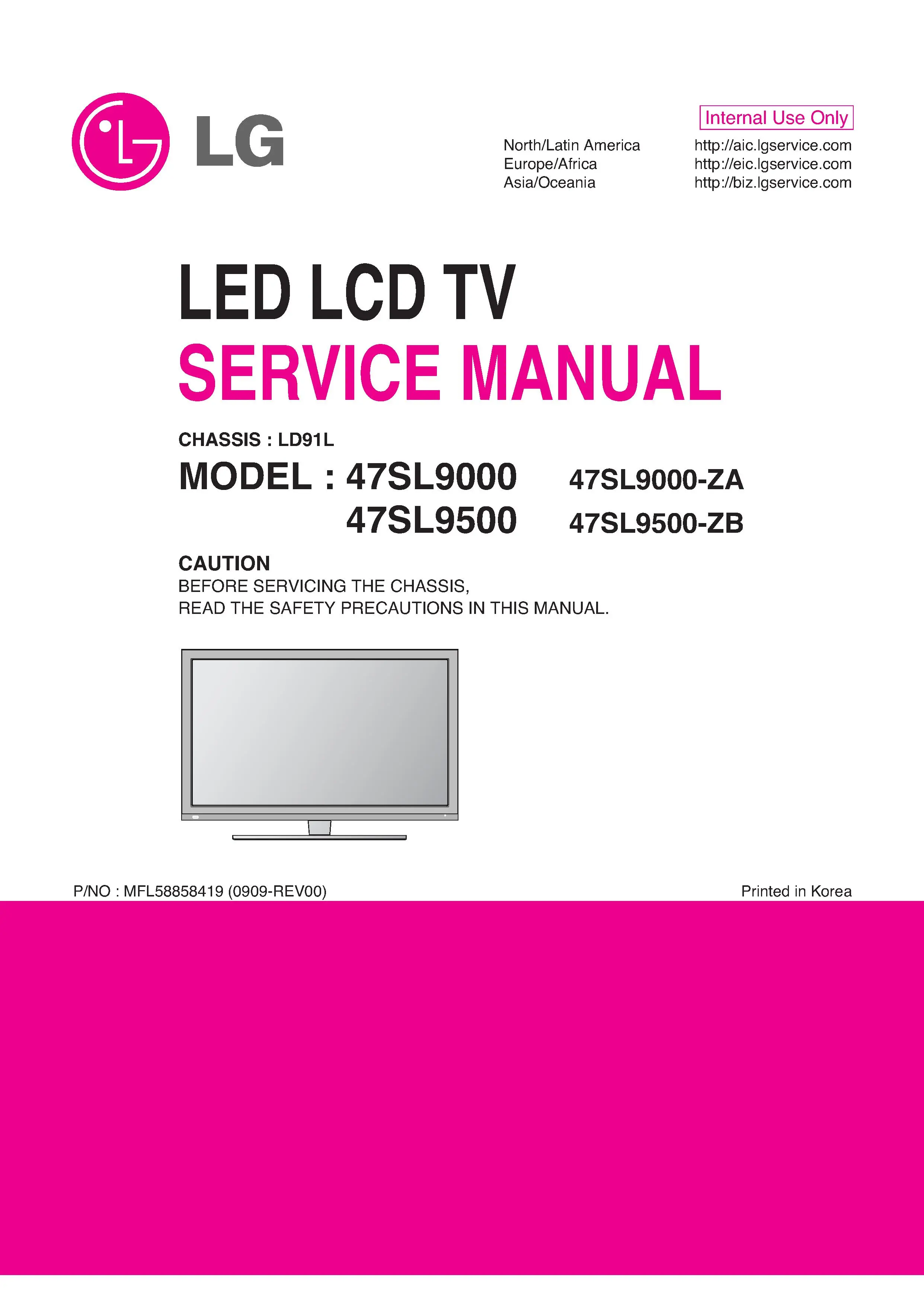Lg 47sl9000 47sl9500 service manual cover with photo's of Beko dryers, model code and contents