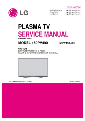 Lg 50pv490 service manual cover with photo's of Beko dryers, model code and contents