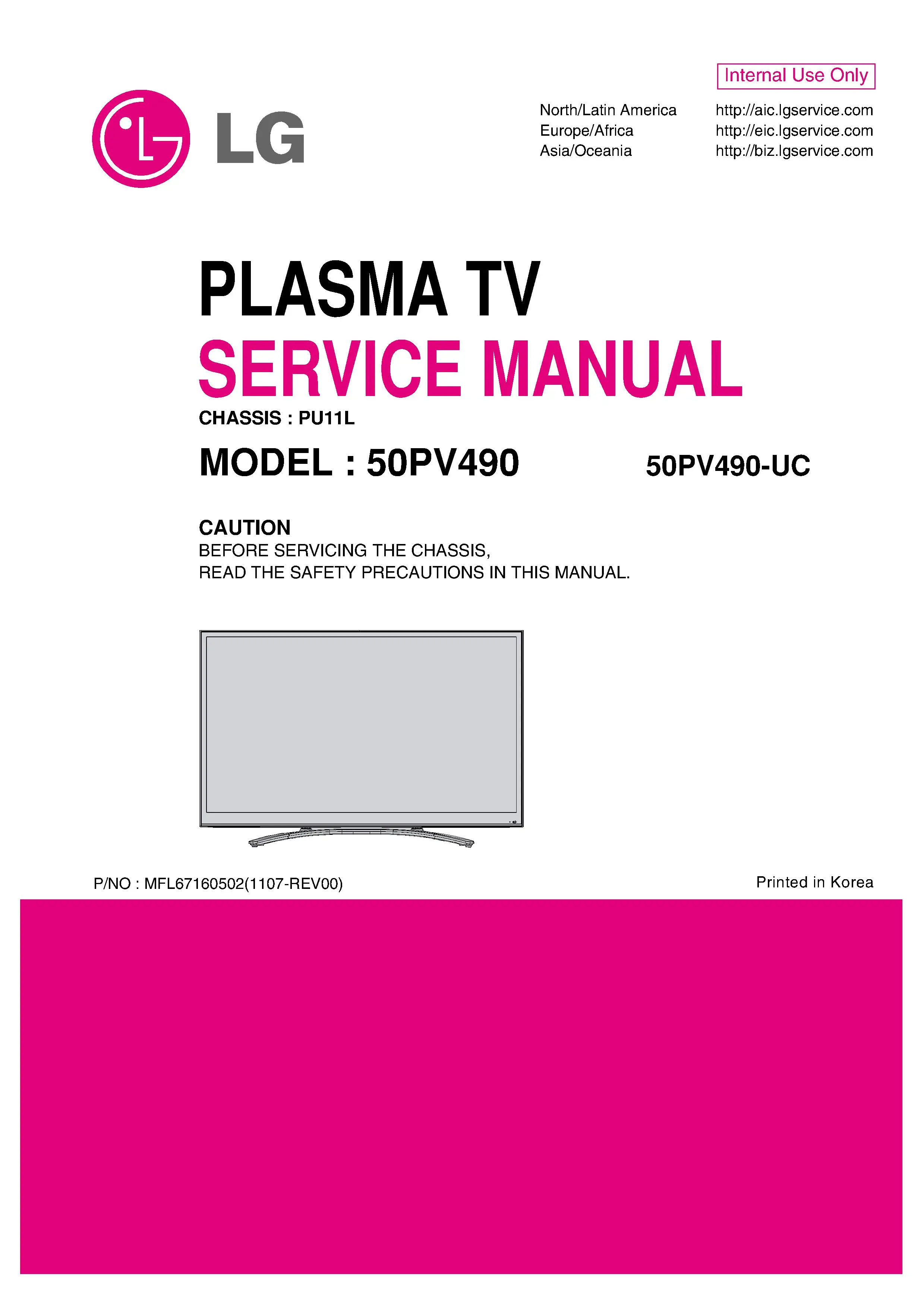 Lg 50pv490 service manual cover with photo's of Beko dryers, model code and contents