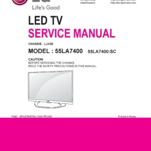 Lg 55la7400 sc service manual cover with photo's of Beko dryers, model code and contents