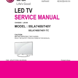 Lg 55la7400 tc service manual cover with photo's of Beko dryers, model code and contents