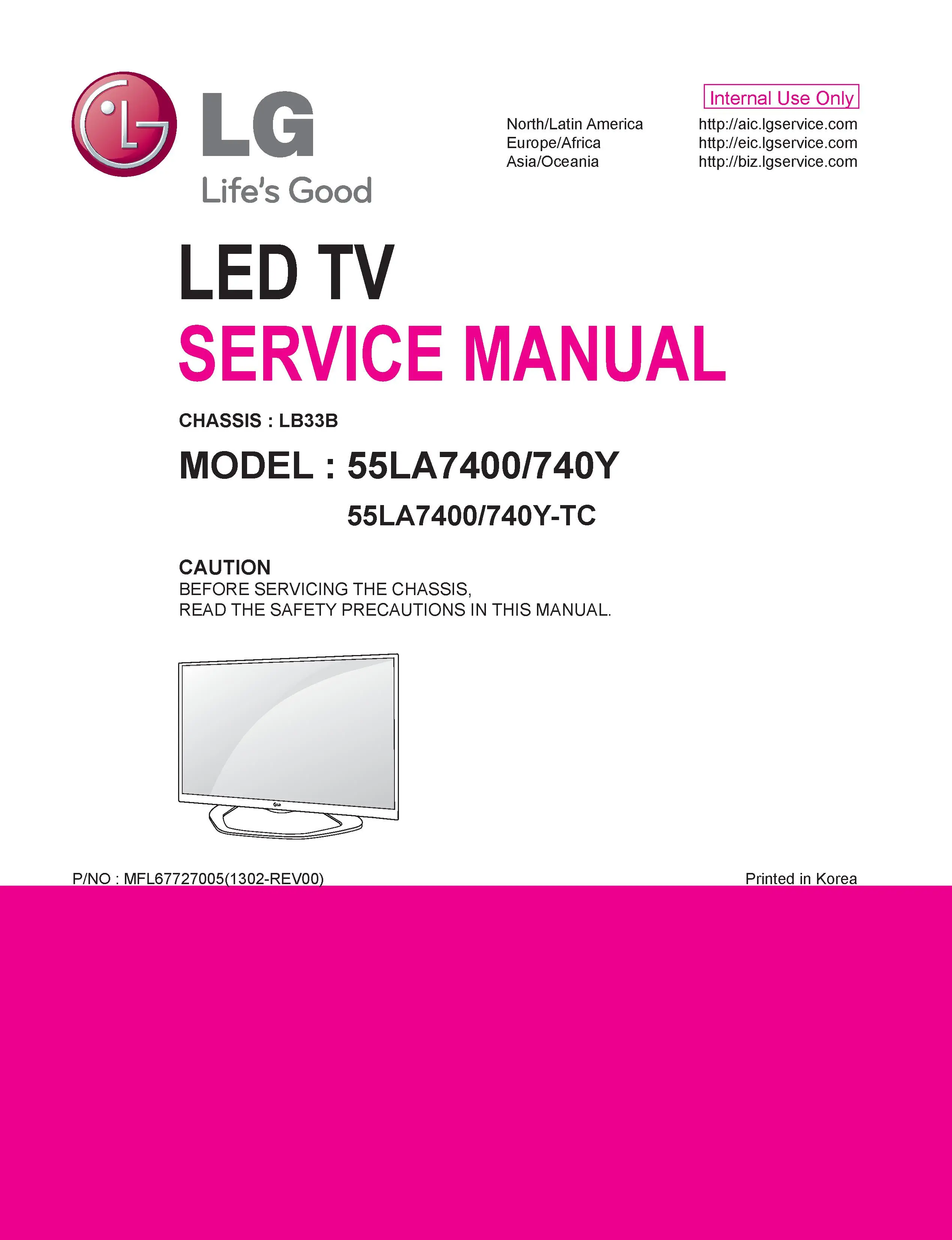 Lg 55la7400 tc service manual cover with photo's of Beko dryers, model code and contents