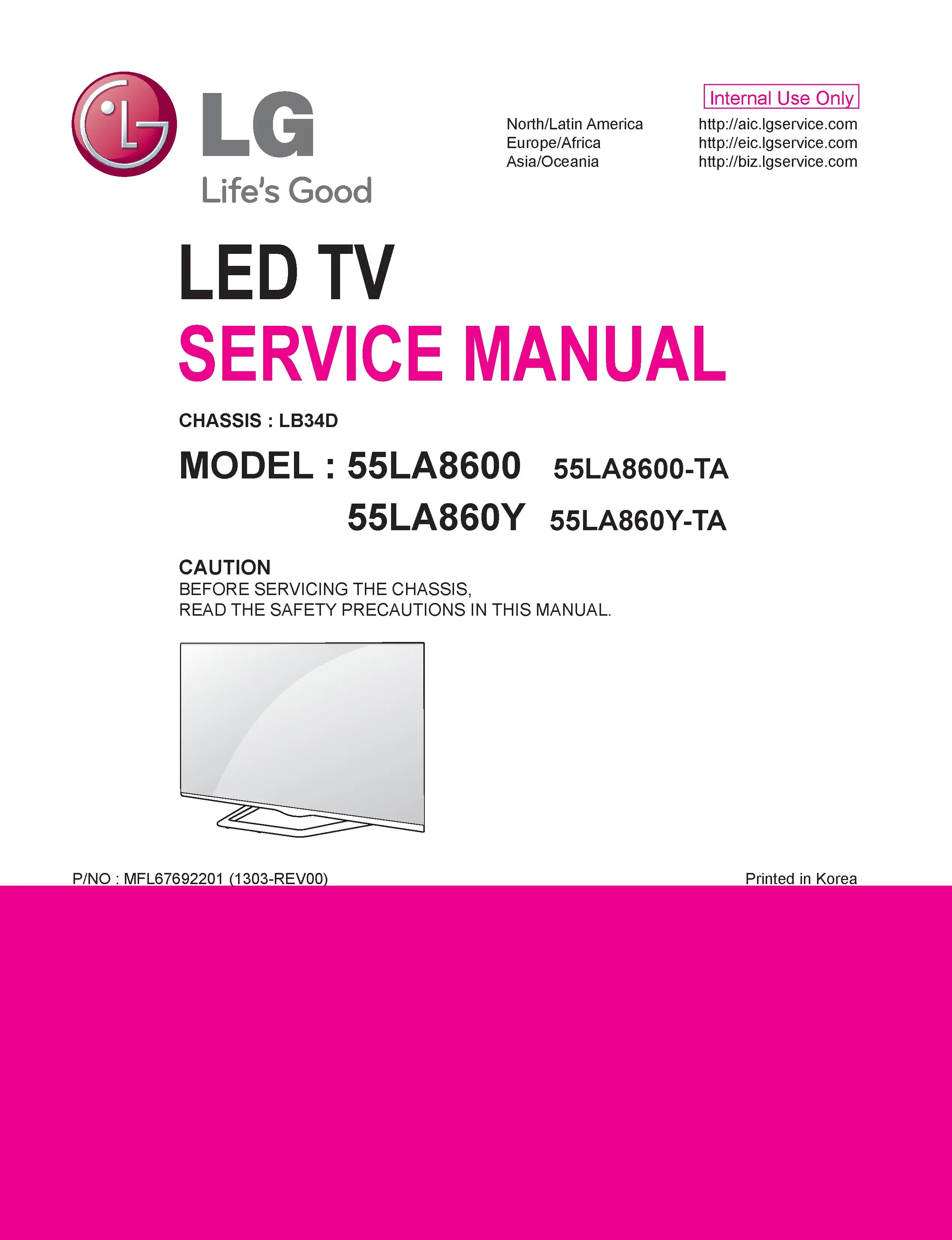 Lg 55la8600 ta service manual cover with photo's of Beko dryers, model code and contents