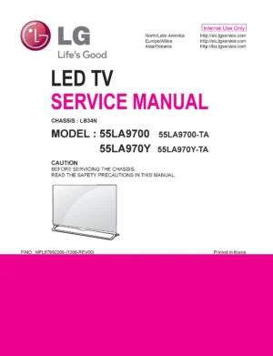 Lg 55la9700 ta service manual cover with photo's of Beko dryers, model code and contents