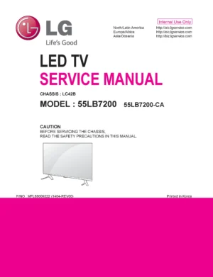 Lg 55lb7200 ca service manual cover with photo's of Beko dryers, model code and contents