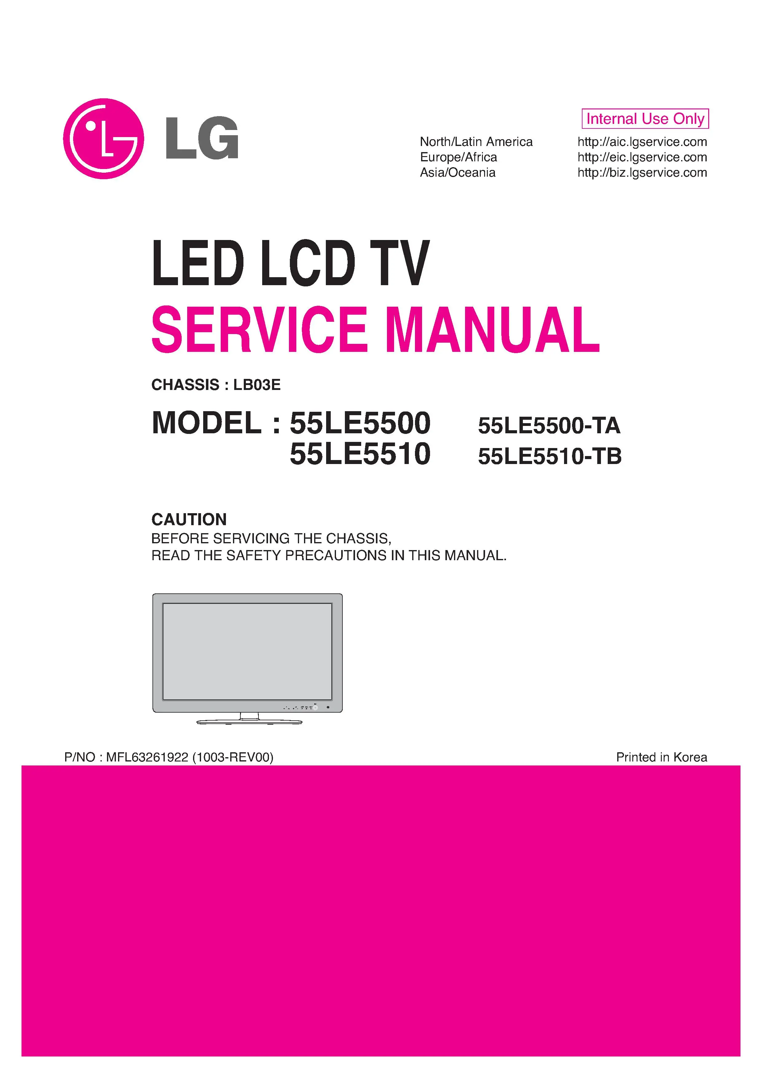 Lg 55le5500 55le5510 service manual cover with photo's of Beko dryers, model code and contents