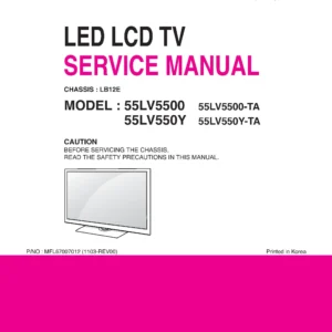 Lg 55lv5500 ta service manual cover with photo's of Beko dryers, model code and contents