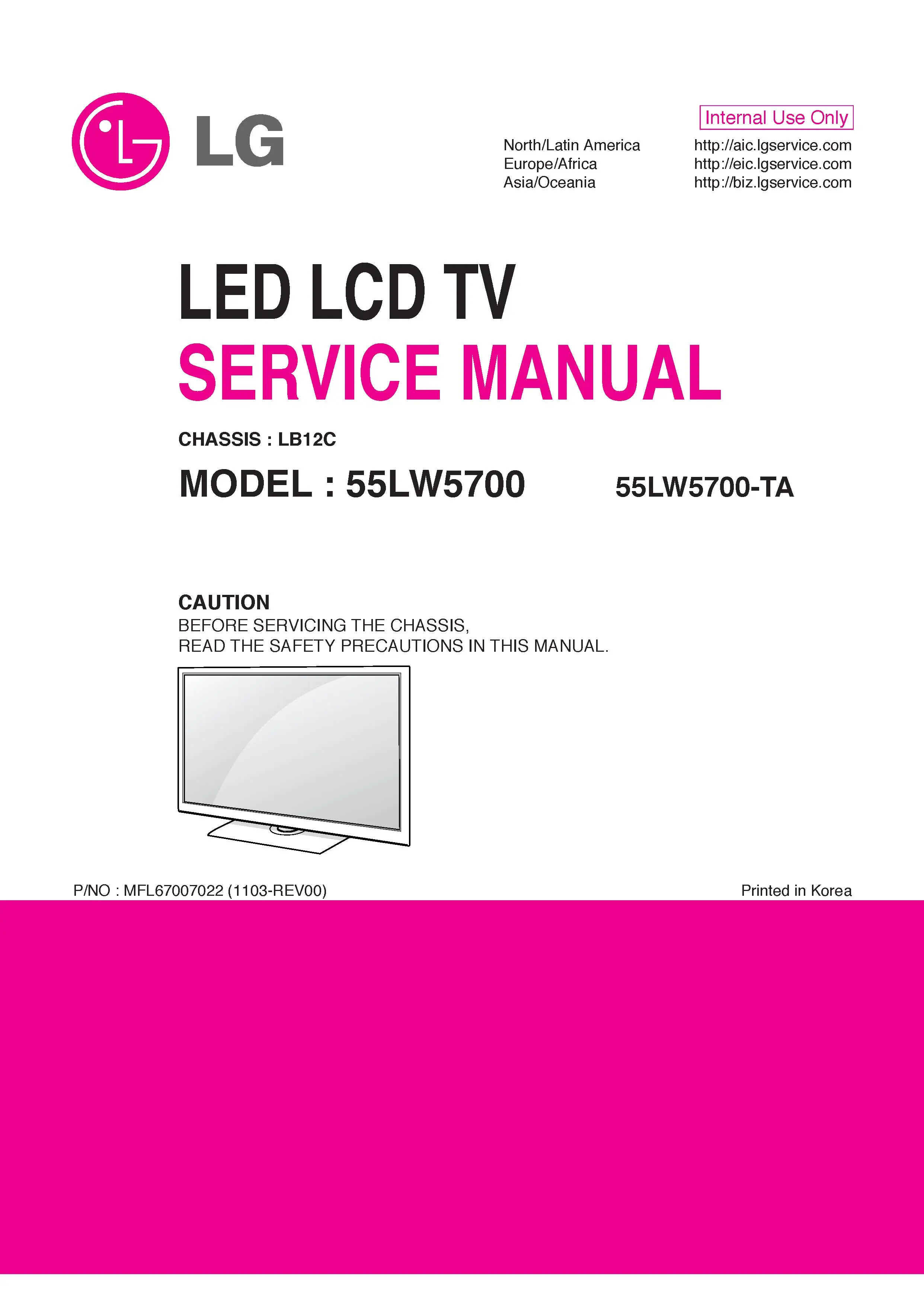 Lg 55lw5700 ta service manual cover with photo's of Beko dryers, model code and contents