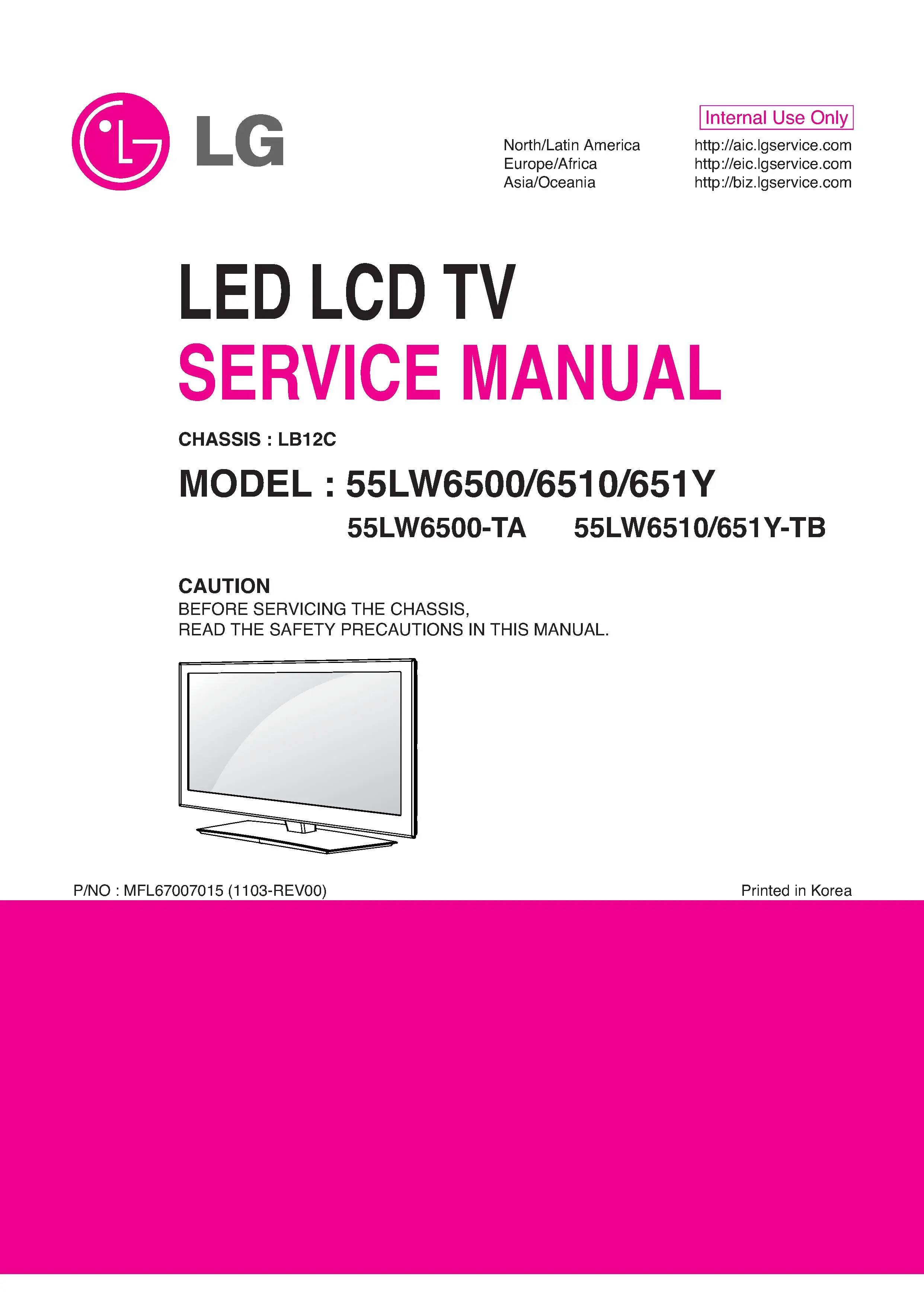 Lg 55lw6500 ta service manual cover with photo's of Beko dryers, model code and contents
