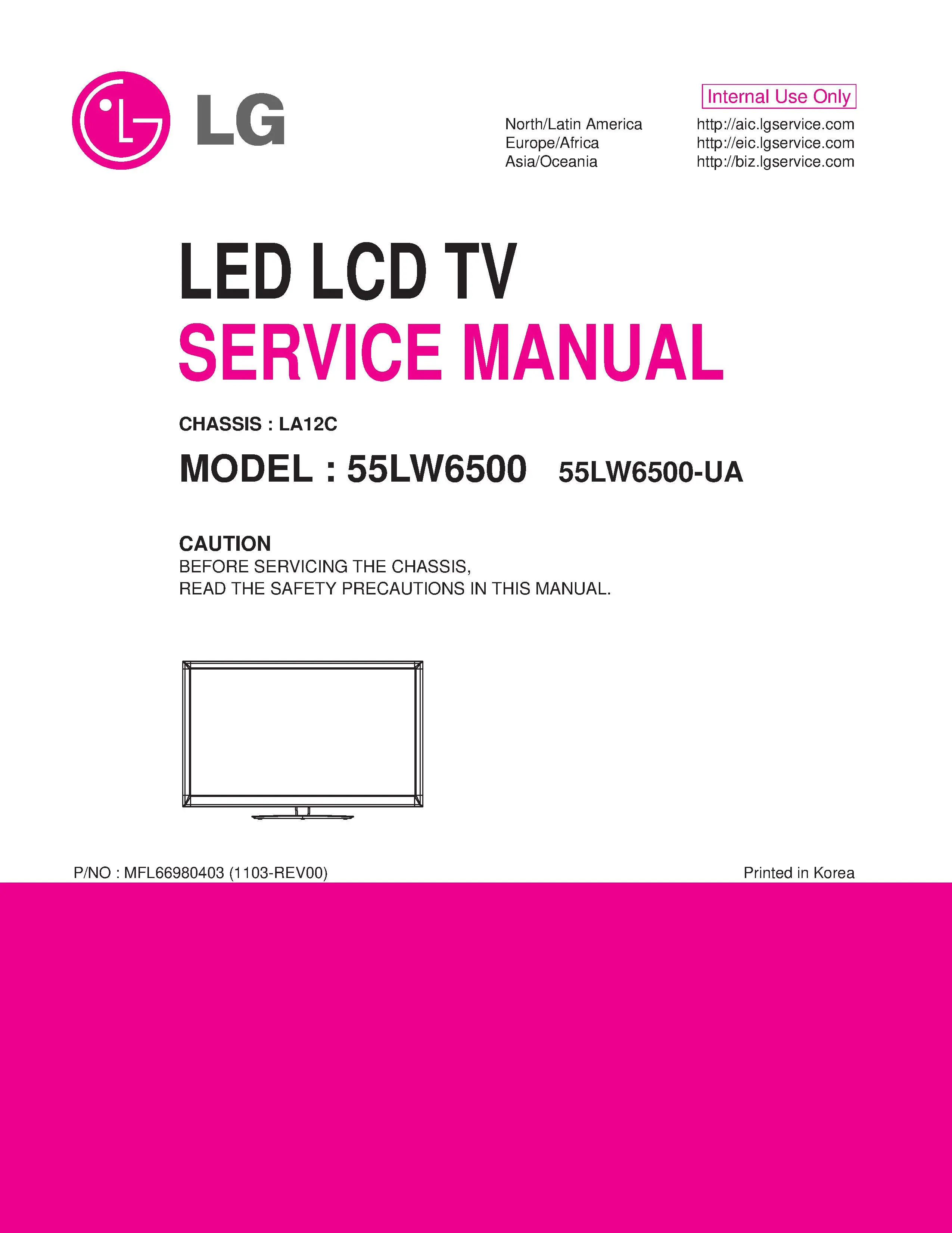 Lg 55lw6500 ua service manual cover with photo's of Beko dryers, model code and contents