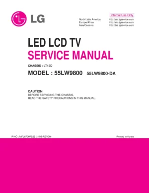 Lg 55lw9800 da service manual cover with photo's of Beko dryers, model code and contents