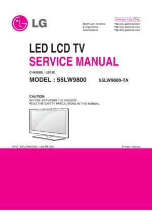 Lg 55lw9800 ta service manual cover with photo's of Beko dryers, model code and contents