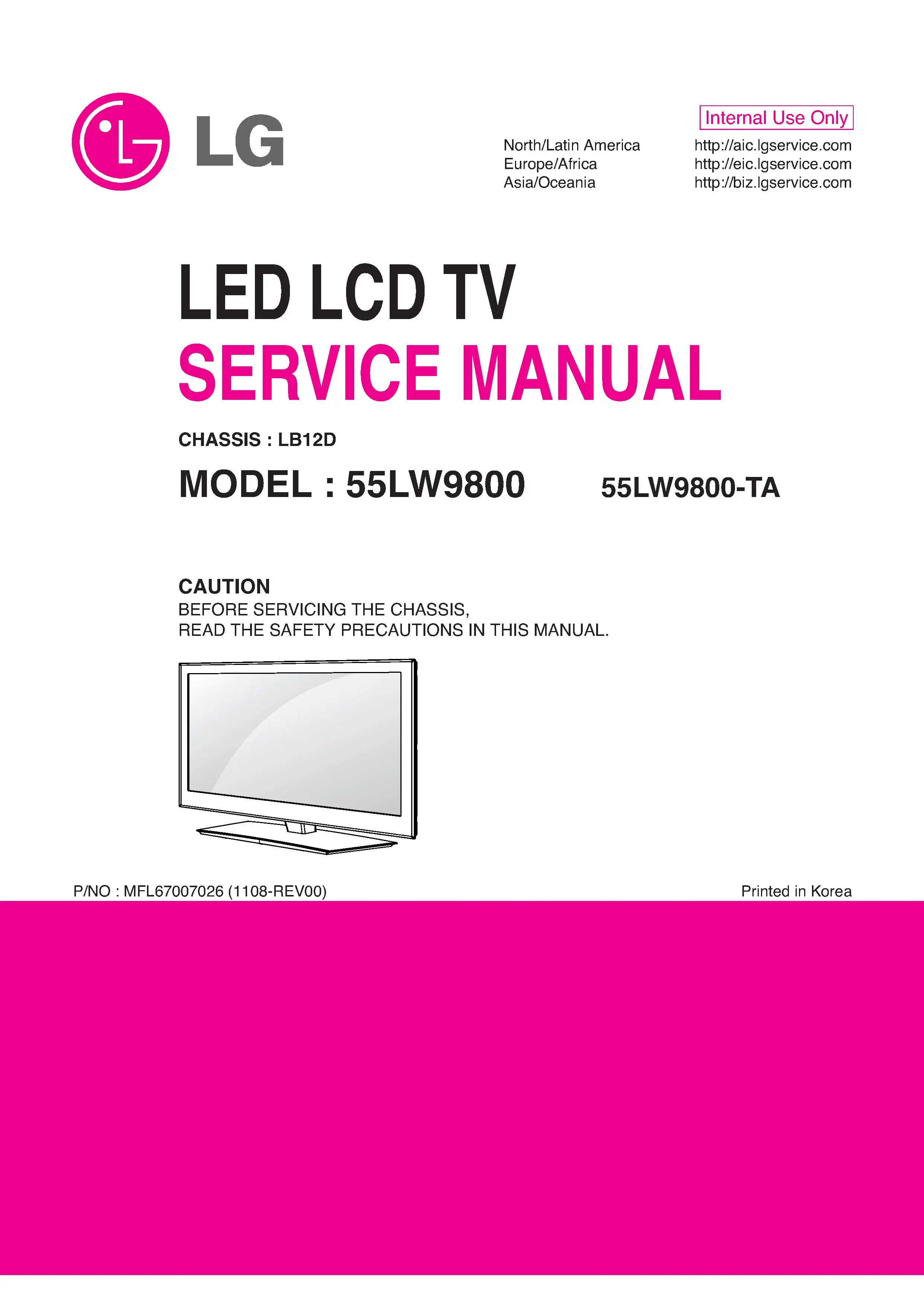Lg 55lw9800 ta service manual cover with photo's of Beko dryers, model code and contents