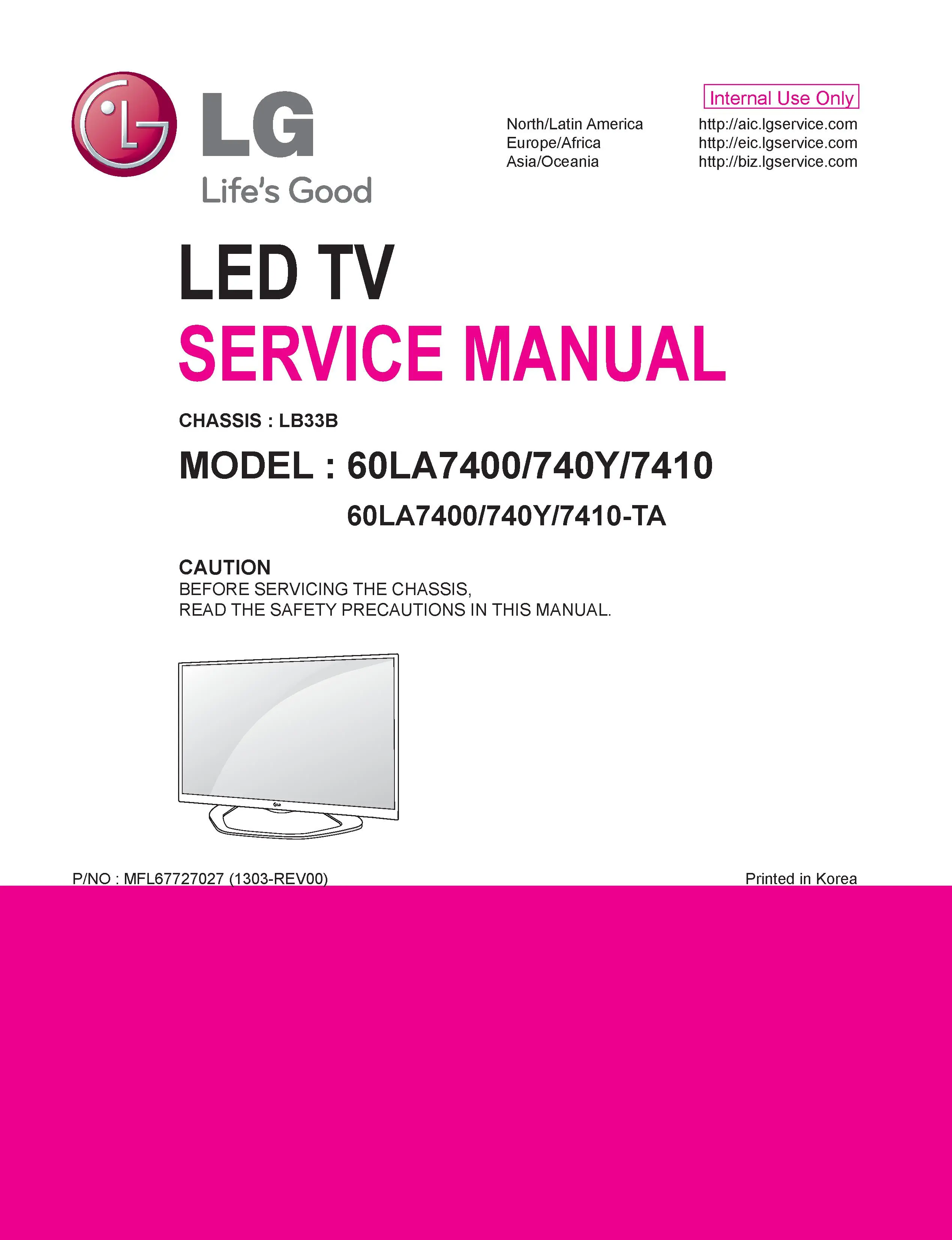Lg 60la7400 ta service manual cover with photo's of Beko dryers, model code and contents