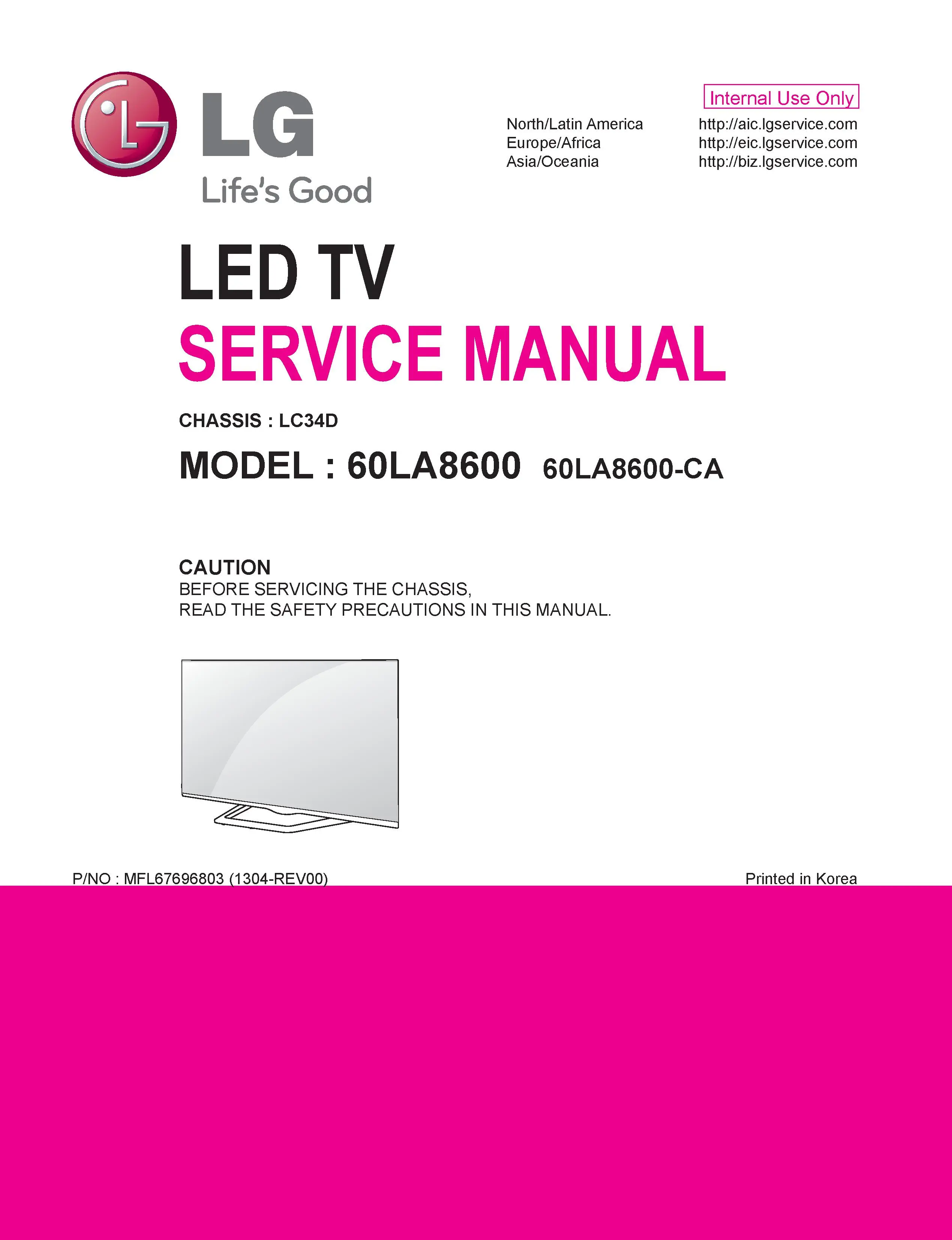 Lg 60la8600 ca service manual cover with photo's of Beko dryers, model code and contents