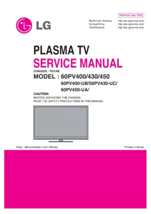 Lg 60pv400 service manual cover with photo's of Beko dryers, model code and contents