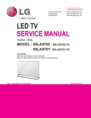 Lg 65la9700 ta service manual cover with photo's of Beko dryers, model code and contents
