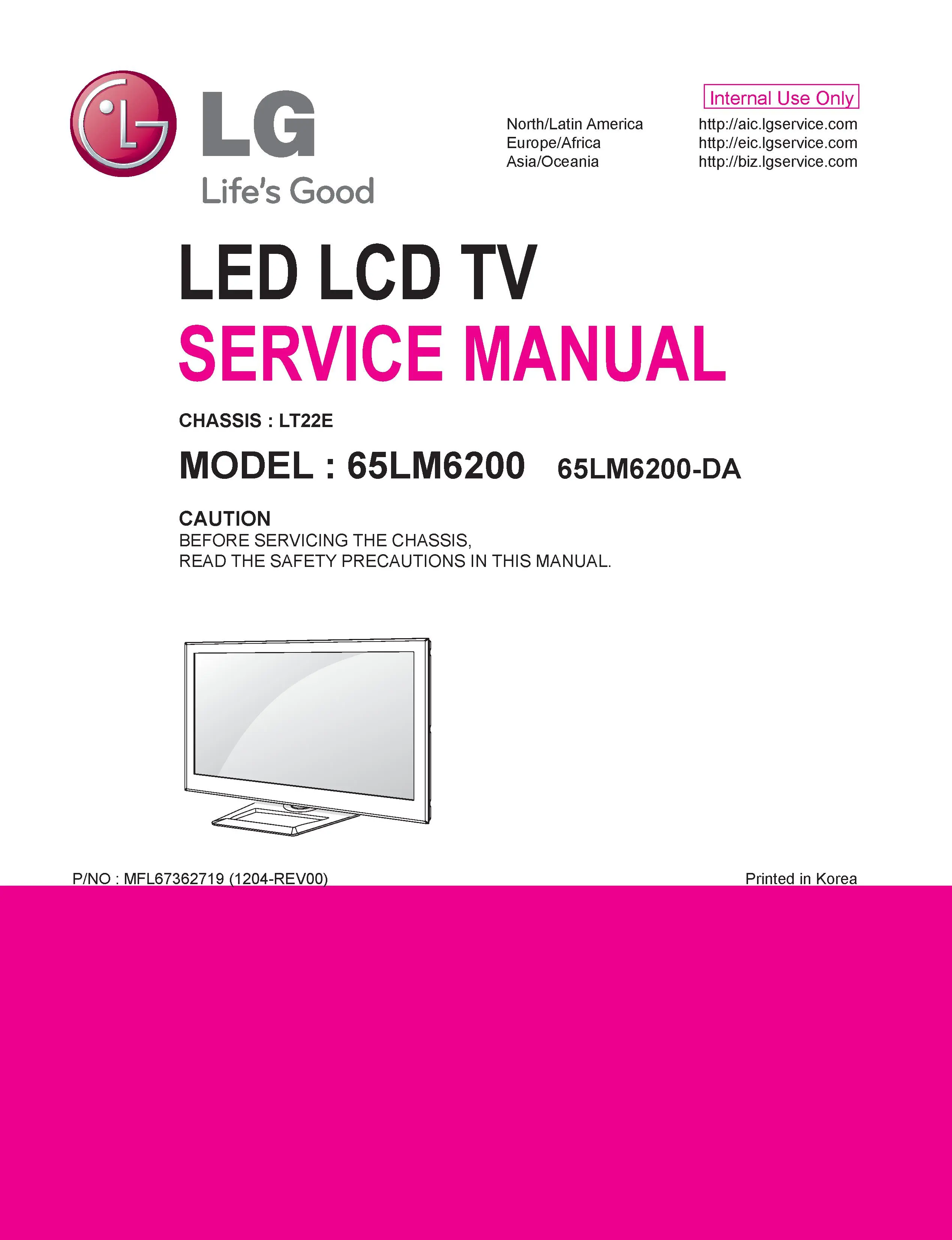 Lg 65lm6200 da service manual cover with photo's of Beko dryers, model code and contents