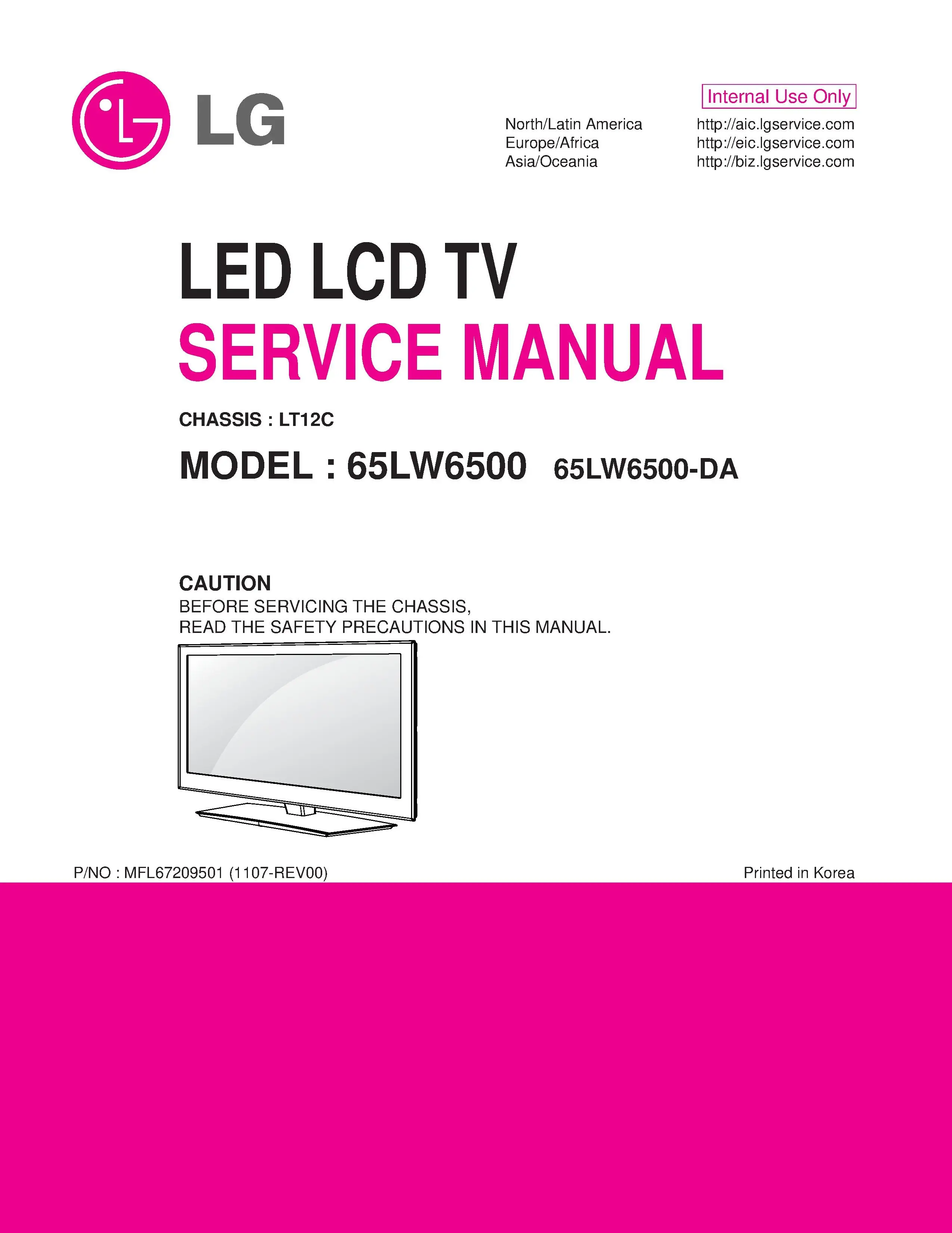 Lg 65lw6500 da service manual cover with photo's of Beko dryers, model code and contents