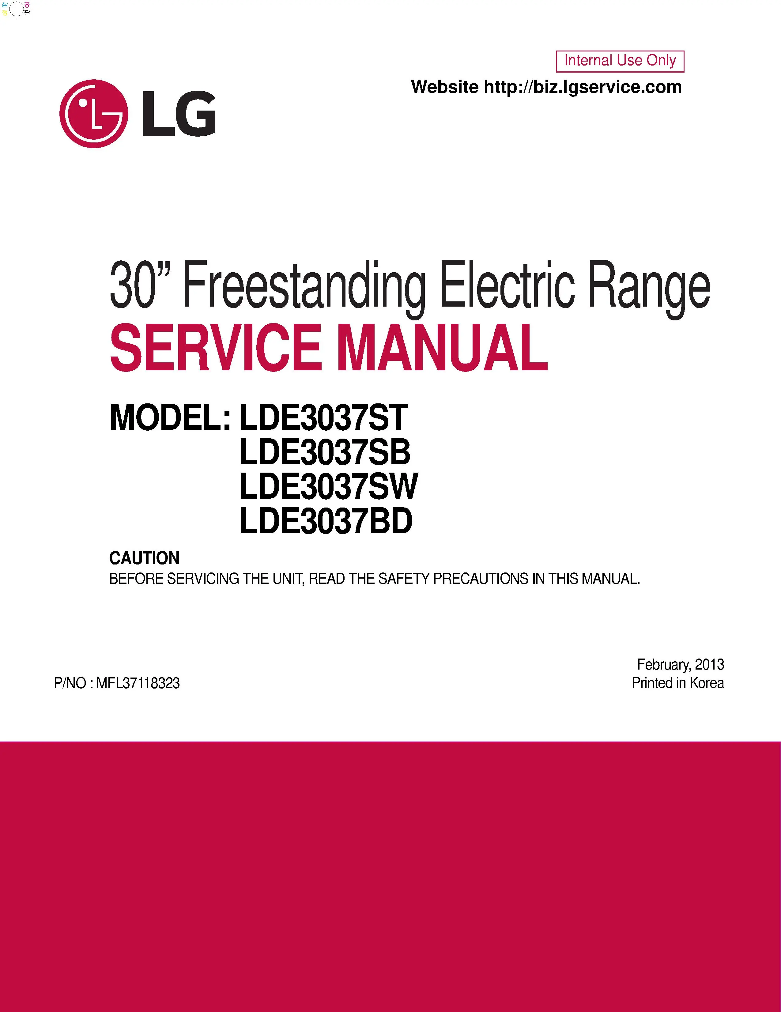 Lg lde3037st lde3037sb lde3037sw lde3037bd service manual cover freestanding range